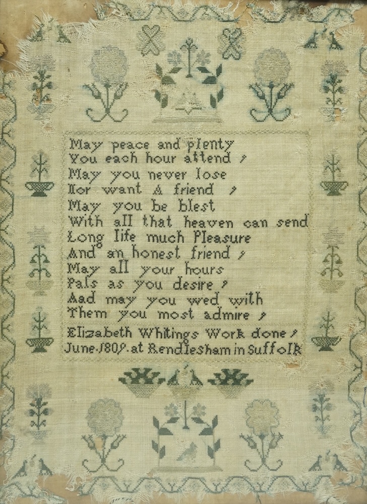 Two samplers by Elizabeth Whiting, one dated 1801 aged 13 years, the other dated 1809, Rendlesham Suffolk. The earlier 40cm wide x 50cm high. The later 31cm wide x 43cm high., Condition - the earlier sampler has faded, t